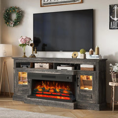 Fireplace TV Stand for TVs Up to 80 inch,70" with 36 inch 3-Sided Electric Fireplace,20 Flame Colors,Open Storage and 2 Cabinets