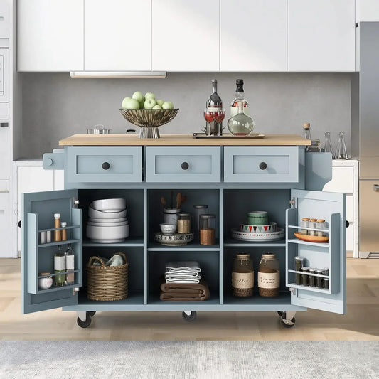 Kitchen Cart with Rubber Wood Drop-Leaf Countertop,Kitchen Island with Storage Cabinet and 3 Drawers,Internal Storage Cabinet