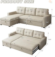 L-Shape Upholstered Sectional Sofa with Storage Chaise & Pull,Convertible Couch W/ 3 Back Cushions,Reversible Sleeper