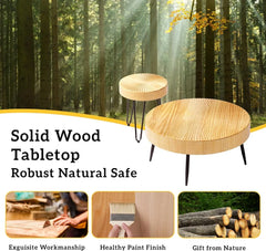 31.5" Round Wood Nesting Table with Adjustable Foot Pads, Circle Coffee Tables for Living Room, Bedroom (Radial)