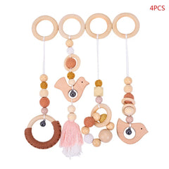 Baby Play Gym Frame Wooden Beech Activity Gym Frame Stroller Hanging Pendants Toys Teether Ring Nursing Rattle Toys Room Decor