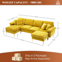 U-Shaped Sectional Sofa Couch, 4 Seat Sofa Set for Living Room, Convertible L-Shaped Velvet Couch Set with Chaise Lounge