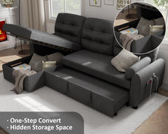 Sectional Sofa Couch 87" Sleeper Sofa Bed with Reversible Storage Chaise Pull Out Couch for Living Room Side Pocket Dark Grey