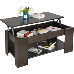 Modern Lift Top Coffee Table w/Hidden Compartment and Storage Shelves Pop-Up Storage Cocktail Table for Living Room