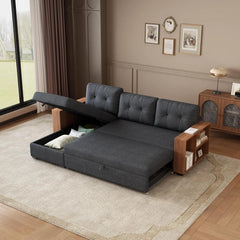 Pull Out Couch with Storage Chaise and Armrests,Convertible Sectional Sleeper Sofa Bed W/Removable Back Cushions