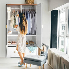 Wide Wardrobe Closet White Armoire Wardrobe with Hanging Rod Shelves and Drawer, Freestanding Closet Wardrobe Cabinet