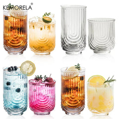 8 Pieces 14/12OZ Art Deco Cocktail Glass Highball Ribbed Glass Drinking Glass Set Unique Glassware Beverage Iced Coffee Cup Set