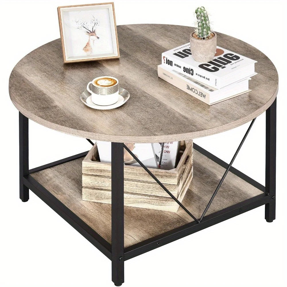 2-Tier Rustic Round Coffee Table Center Table with Storage Shelf Home Office