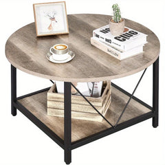 2-Tier Rustic Round Coffee Table Center Table with Storage Shelf Home Office