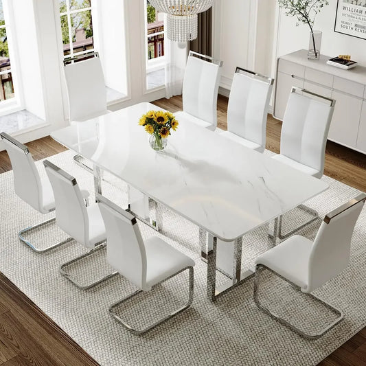 79 Inch Modern Dining Table, Capable of Accommodating 8 People, Artificial Marble Dining Table with Silver Metal Base