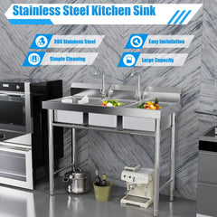 3 Compartment Freestanding Stainless Steel Utility Sink Commercial Kitchen Sink Laundry Basin with 2 Hot Cold Faucets + 3 Drains