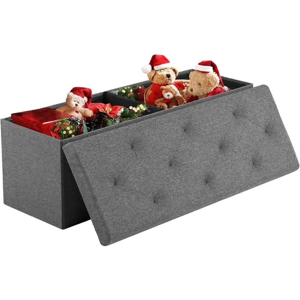 43 Inch Folding Storage Ottoman Bench, Holds Up To 660lb-Grey FootRest Stool with Padded Seat