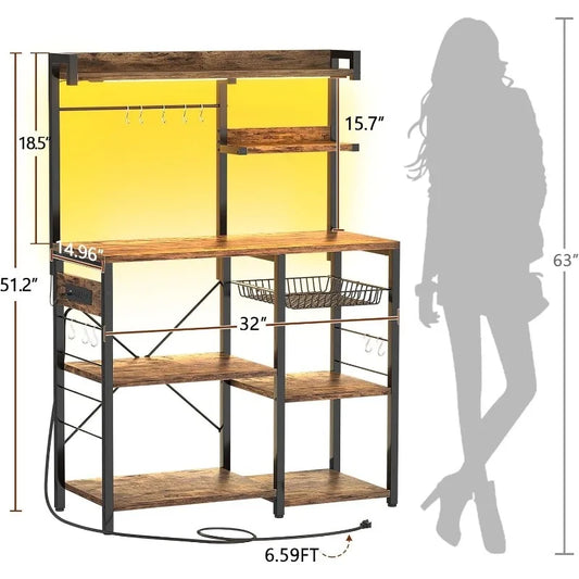 Bakers Rack , Microwave Oven Stand Kitchen Storage Shelf, Coffee Bar Station Island Table, Pots, Rustic Brown