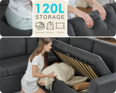 Sofa Bed, 85 In Sleeper Couch with Storage Seat, L Shaped Sofa W Pull Out Sofa Bed, Sectional Couches for Living Room Apartment