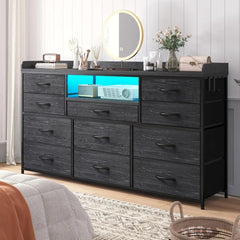 Dresser TV Stand with TV Stand for Bedroom with LED Lights & Power Outlets Long Dresser for Bedroom with Shelves