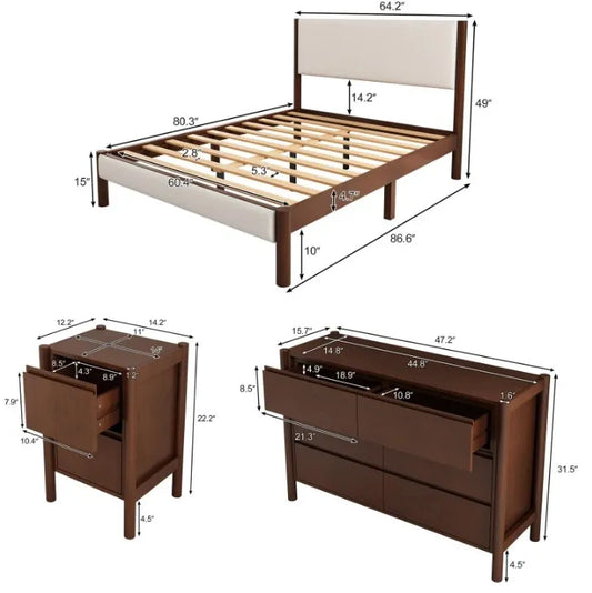 Modern minimalist style Bedroom Sets Upholestery  Frame Queen Platform Bed,with Two Nightstands.