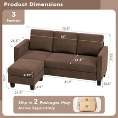 Convertible Sectional Sofa Couch, 3 Seat L-Shaped Sofa with Linen Fabric, Movable Ottoman Small Couch for Small Apartments