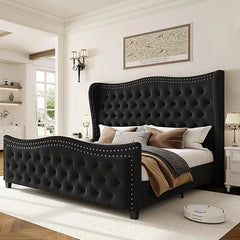 King Bed Frame, 55" Headboard Upholstered Beds, Velvet Handmade Pleats Deep Button Tufted Wingback Platform Beds, Bed