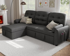 Sectional Sofa Couch 87" Sleeper Sofa Bed with Reversible Storage Chaise Pull Out Couch for Living Room Side Pocket Dark Grey