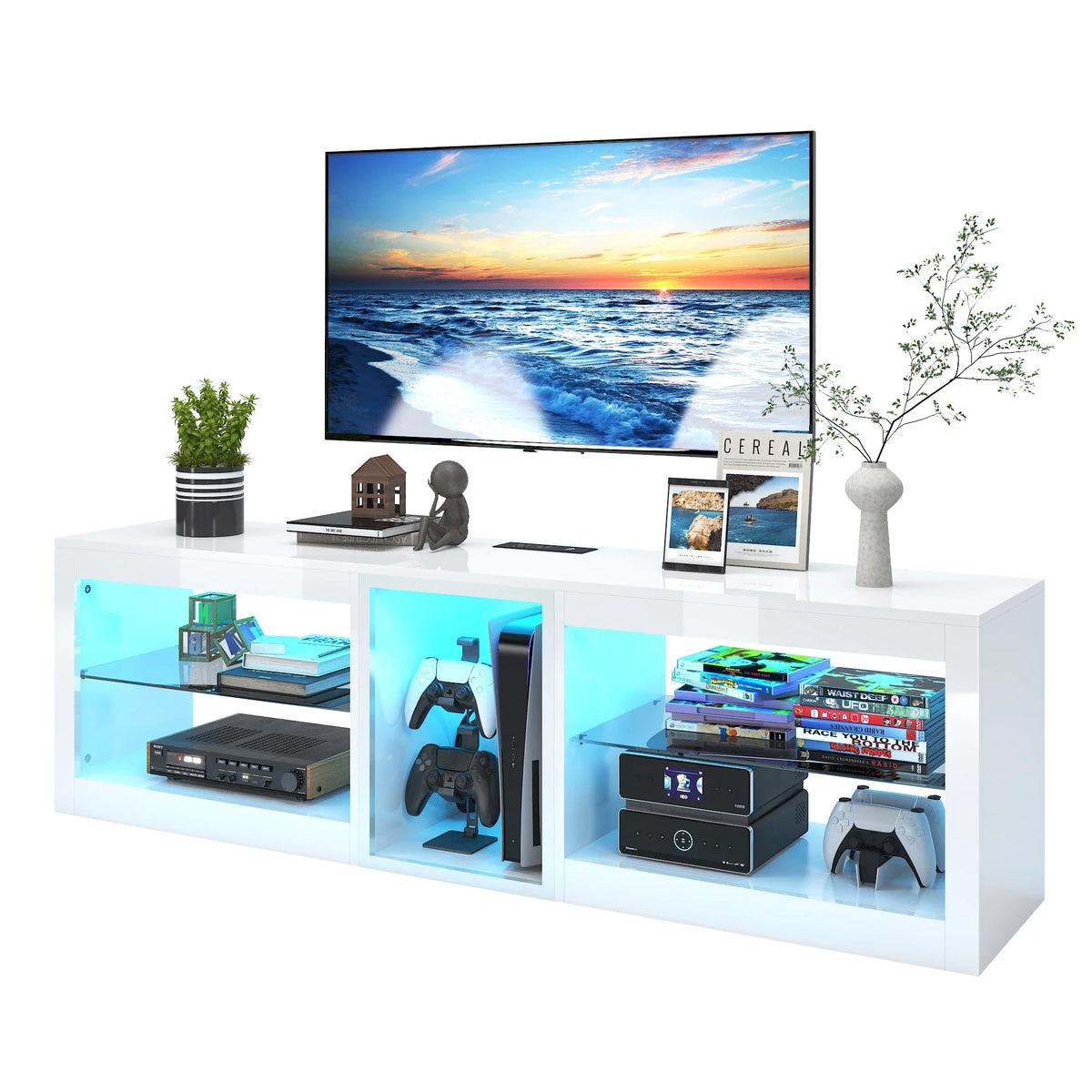 63in LED TV Stands for 65/70 inch TV, High Gloss Entertainment Center with 6.5ft Power Outlet , Modern TV Cabinet, White