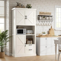 Farmhouse Kitchen Pantry Cabinet with Drawers & Shelves, Wood Storage Cabinet with Barn Doors & Microwave Stand, Cabinets