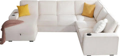 U Shaped Sofa, 7 Seater Sofa with USB Ports, Sectional Sofa Couch with Storage Chaise, Corduroy Beige