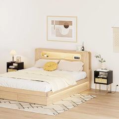 Rattan Nightstand with Charging Station, 2 Drawer Dresser for Bedroom, Small Bedside Table with 2 Drawers, Night Stand,