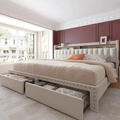 King Size Bed Frame with Storage and Headboard, Upholstered Bed Frame with Storage, Bed Frame with 2 Drawers, Large size