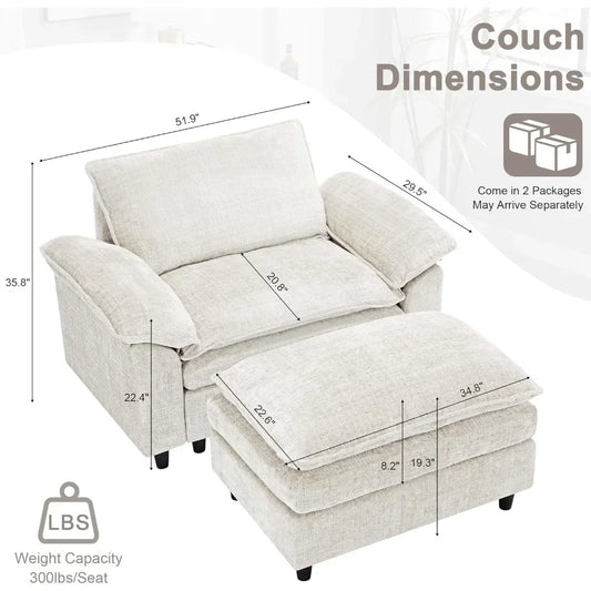 51.9" Oversized Cloud Accent Chair with Ottoman, Modern Chaise Lounge door, Comfy Chenille Single Sofa Couch Chair