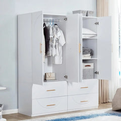 3 Door Closet Wardrobe, Armoire with 3 Drawer and Hanging Rod, Freestanding Closet Cabinet, Clothes Storage Organizer, Wardrobes