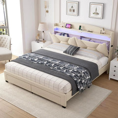 Full Bed Frame with Storage Headboard, Upholstered LED Bed Frame with 2 Storage Drawers Charging Station,Wood Slats Support