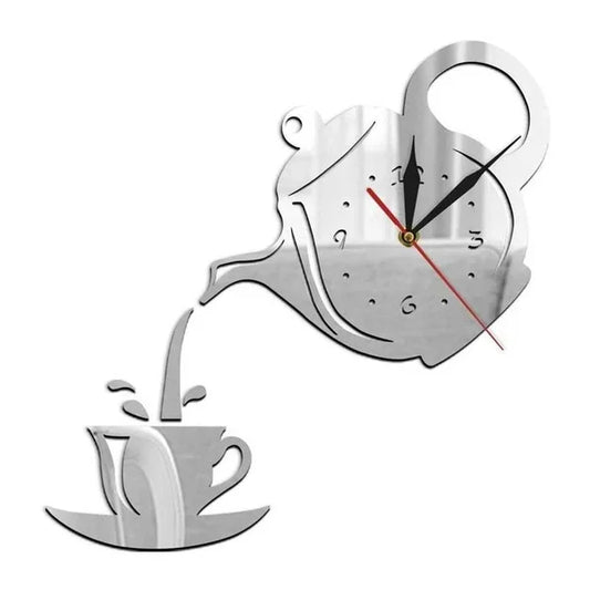 3D DIY Teapot Shape Wall Clock Acrylic Mirror Clock Modern Kitchen  Decor Wall Sticker Hollow Digital Clock watch  clock