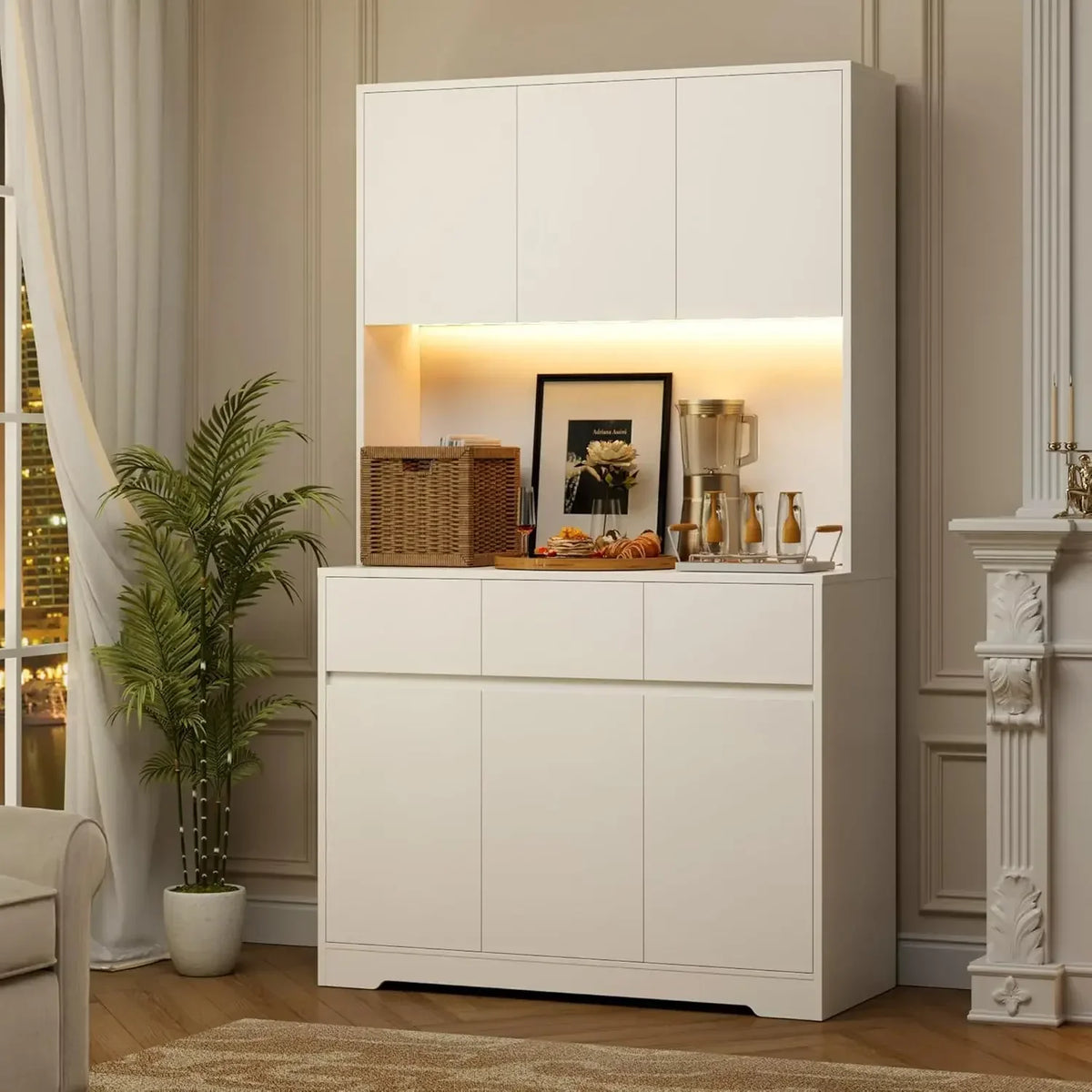 71'' Tall Kitchen Pantry Storage Cabinet with Power Outlets and Led Lights,Large Kitchen  Buffet Cabinet with Microwave Stand