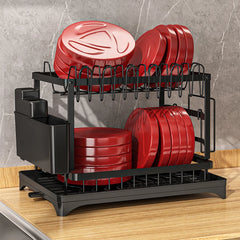 2 Tier Dish Bowl Drainer Storage Rack Kitchen Dish Drying Rack with Drain Basket Rust-Proof Countertop Dinnerware Organizer