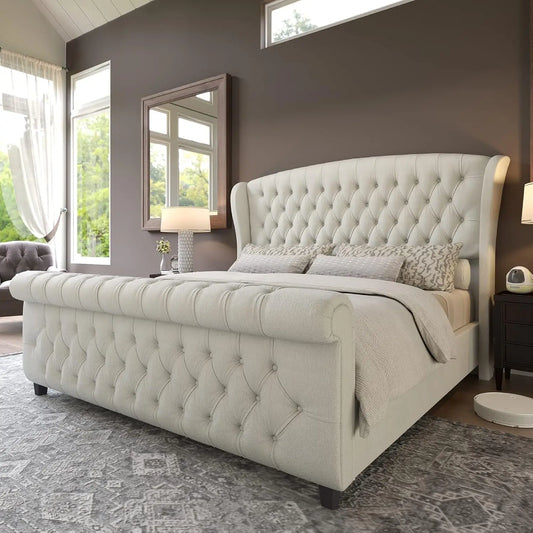 King Size Platform Bed Frame, Chenille Upholstered Sleigh Bed with Scroll Wingback Headboard & Footboard/Button Tufted