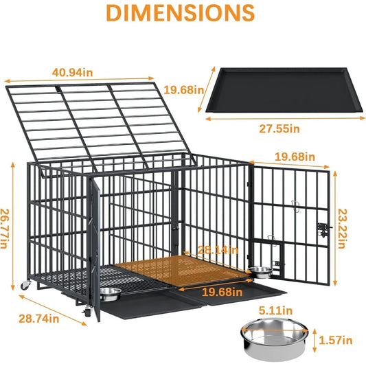 42 Inch Heavy Duty Metal Dog Crate for 2 Large Dog,All Metal Open Top Stackable,Dog Kennel Indoor with Divider and Feeding Bowl