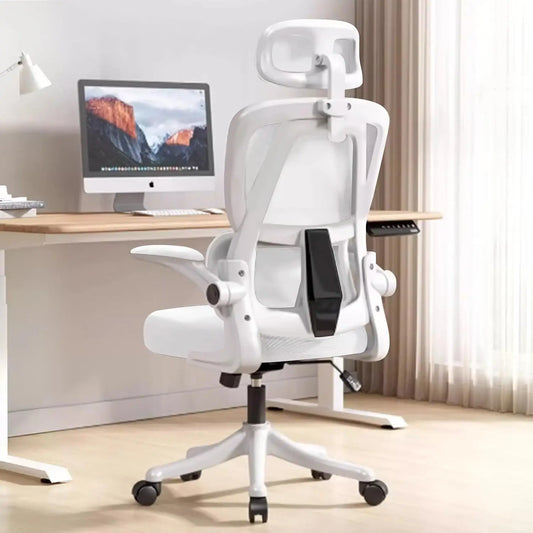 Office Chair Comfort Home Desk Adjustable High Back Mesh Lumbar Support Computer with Flip-up Arms for Work,White