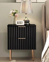 Black Night Stand Set 2, Wide Fluted Nightstand with 2 Drawers, Modern Glossy Storage Bedside Table for Bedroom, End Sid