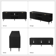 Black TV Stand,  65+ Inch TV, Fluted Panel Media Console with Sliding Doors & Ajustable Shelves,Stand with Storage Cabinets