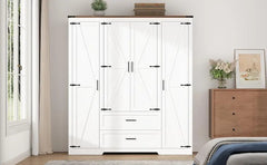 4 Doors Wardrobe Armoire Closet with Doors and Drawers, Farmhouse Wooden Armoire Storage Cabinet with Shelves & Hanging Rod