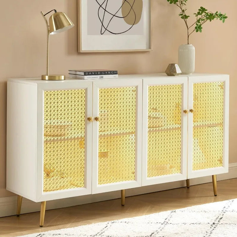 Grayish-White Storage Cabinet Sideboard Large Buffet with LED Light, for Dining Room, Living Room 61.7"x15.8"x35"H