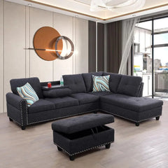 Sectional Sofa with Ottoman Nail-Head Design Linen Right Facing Modern Couches with Cup Holder L Shaped Sectional Sofa