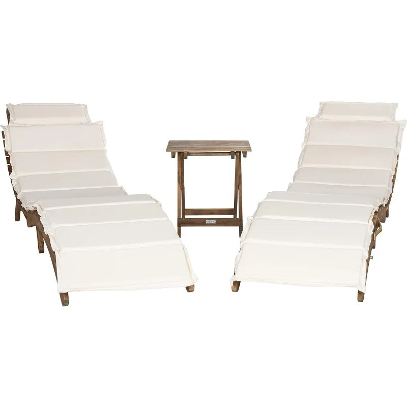 Outdoor Collection Natural Brown Solid Wood/Beige Cushion 3-Piece Chaise Lounge Set with Table  outdoor furniture