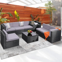 8PCS Outdoor Wicker Rattan Patio Furniture Sectional Set with Hidden Storage 7 Sofa Sections Oversized Cushions