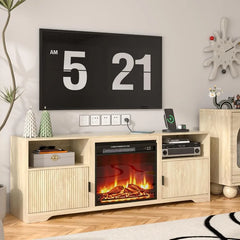 68" Fireplace TV Stand for TVs up to 70" with 23" Electric Heater, Media Console Cabinet with Storage Shelves, Fluted Door