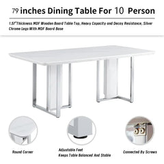 79 Inch Modern Dining Table, Capable of Accommodating 8 People, Artificial Marble Dining Table with Silver Metal Base