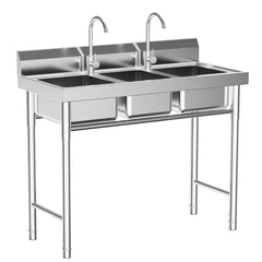 3 Compartment Freestanding Stainless Steel Utility Sink Commercial Kitchen Sink Laundry Basin with 2 Hot Cold Faucets + 3 Drains