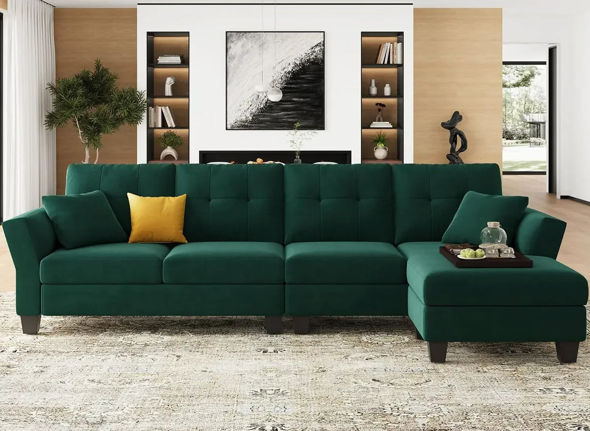 Convertible Sectional Couch Velvet L Shaped Sofa 4 Seat Sofa with Chaise L-Shaped Couches Reversible Sectional Sofa