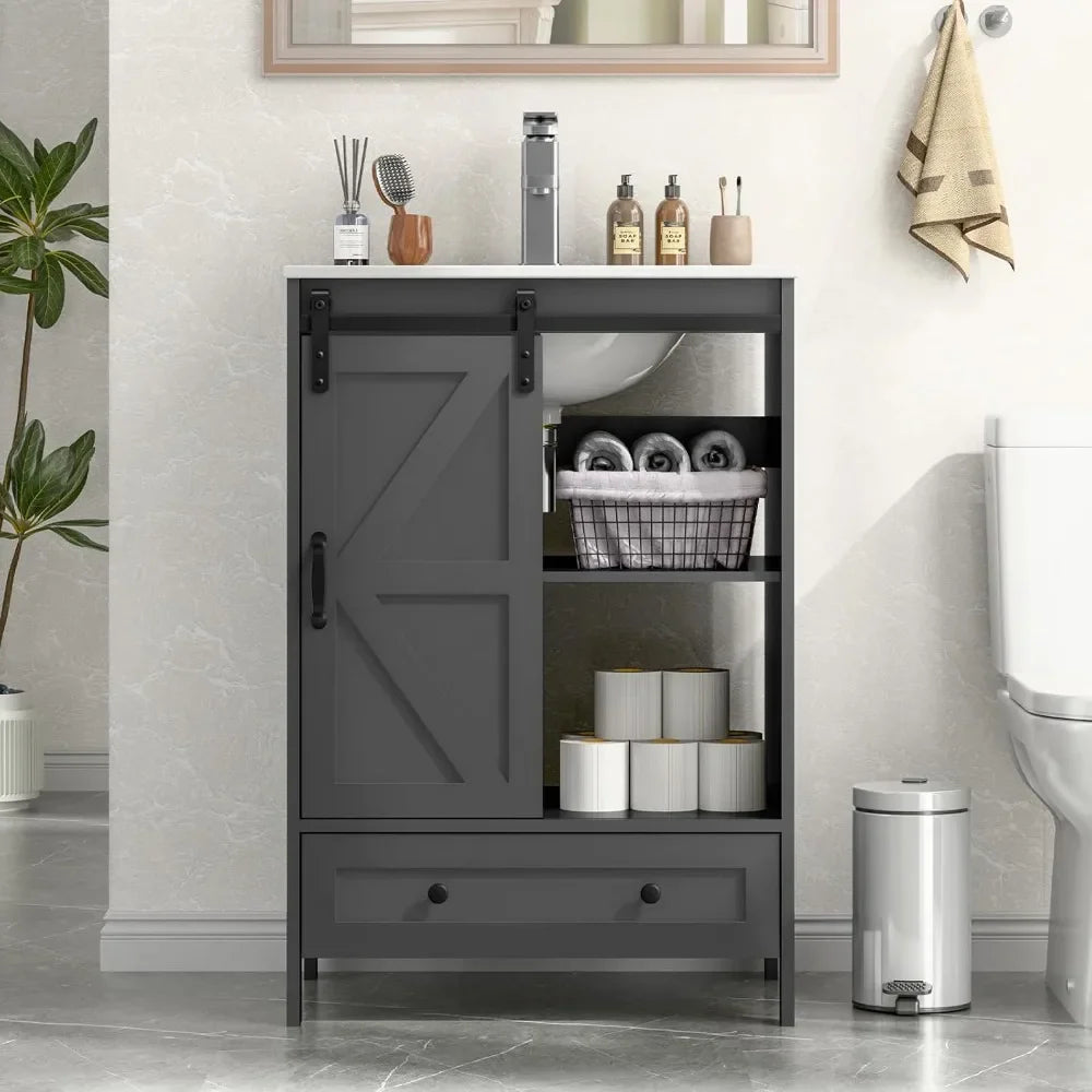 Bathroom Vanity with Sink Set, Single Hole Bathroom Faucet Ceramic Countertop & Sink Free Standing Bathroom Cabinet