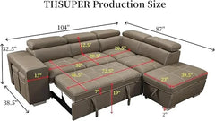 Microfiber Sectional Sleeper Sofa with Pull-Out Bed Chaise & Storage 5 Seater L-Shaped Couch with Adjustable Headrest and Stools